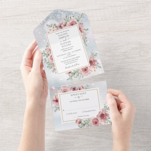 フローラほこりっぽいバラ金ゴールド幾何学的な冬の結婚式 オールインワン招待状 (貼ってはがせる)