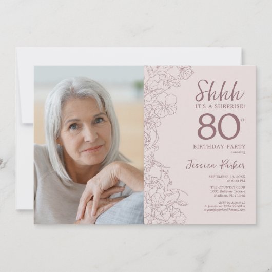 フローラほこりっぽいピンクのサプライズ写真80誕生日 招待状 (正面)