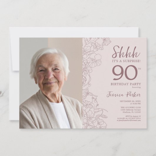 フローラほこりっぽいピンクのサプライズ写真90誕生日 招待状 (正面)