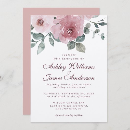 フローラほこりっぽいピンクのローズバーガン結婚ディ 招待状 (正面/裏面)