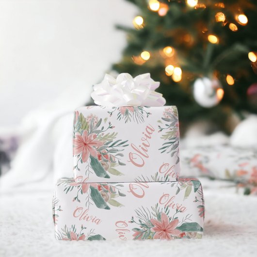 フローラほこりっぽいピンクの水の色ベビーガール名スクリプト ラッピングペーパー
