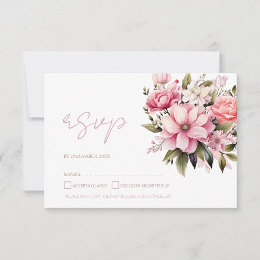 フローラほこりっぽいピンクワイルドフラワーサマー庭園の結婚式 出欠カード (正面)