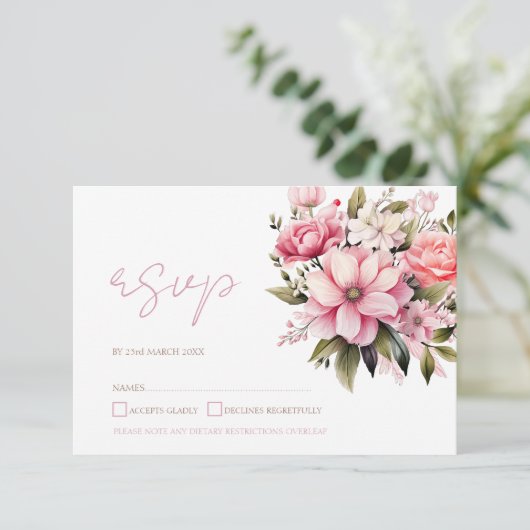 フローラほこりっぽいピンクワイルドフラワーサマー庭園の結婚式 出欠カード (スタンド正面)