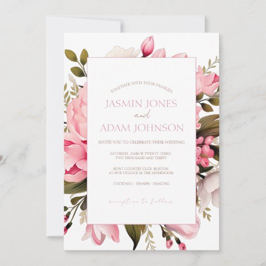 フローラほこりっぽいピンクワイルドフラワーサマー庭園の結婚式 招待状 (正面)