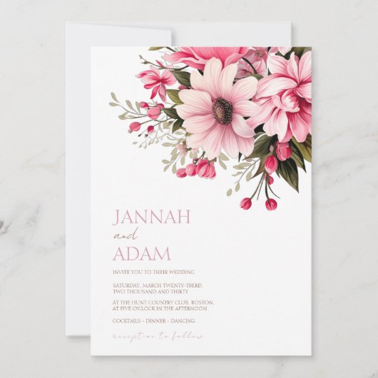 フローラほこりっぽいピンクワイルドフラワーサマー庭園の結婚式 招待状 (正面)