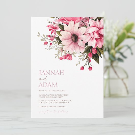 フローラほこりっぽいピンクワイルドフラワーサマー庭園の結婚式 招待状 (スタンド正面)