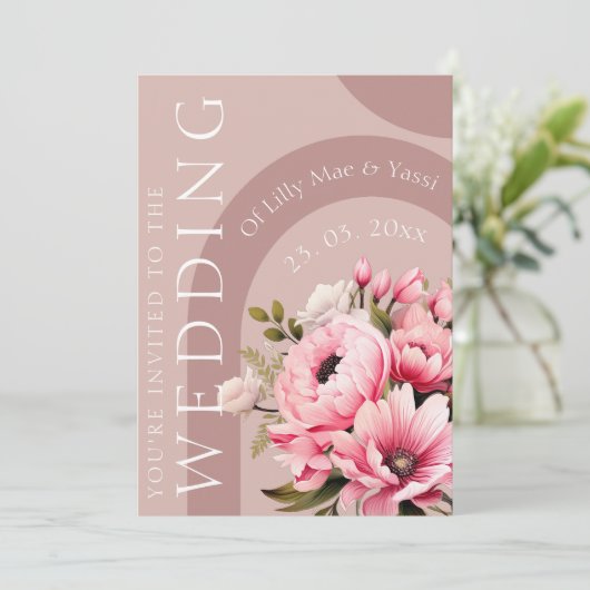 フローラほこりっぽいピンクワイルドフラワーサマー庭園の結婚式 招待状 (スタンド正面)