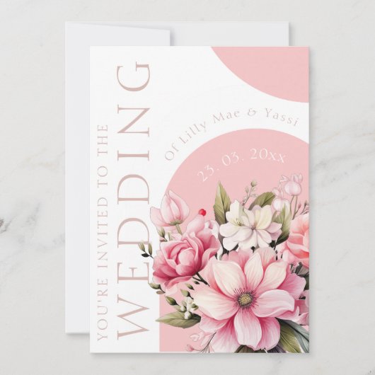 フローラほこりっぽいピンクワイルドフラワーサマー庭園の結婚式 招待状 (正面)