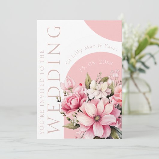 フローラほこりっぽいピンクワイルドフラワーサマー庭園の結婚式 招待状 (スタンド正面)