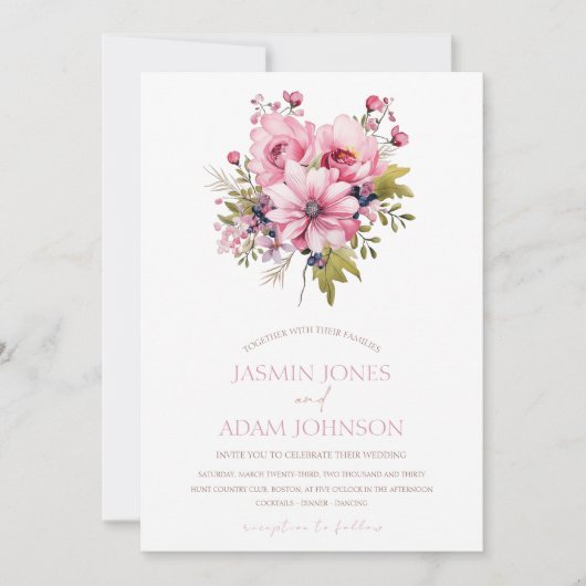 フローラほこりっぽいピンクワイルドフラワーサマー庭園の結婚式 招待状 (正面)