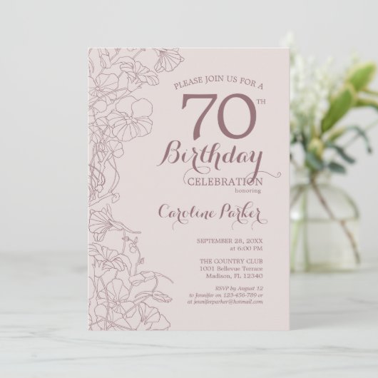 フローラほこりっぽいピンク写真70th誕生日パーティー 招待状 (スタンド正面)
