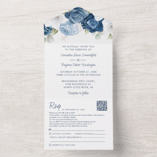 フローラほこりっぽい青い植物結婚の葉 オールインワン招待状 (内側)