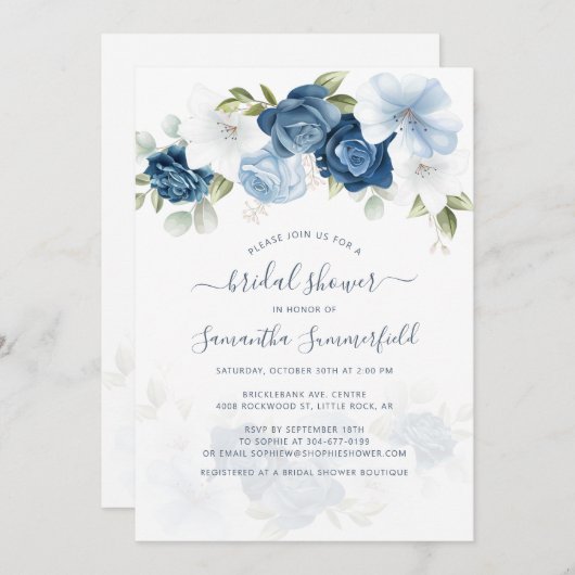 フローラほこりっぽい青い緑の葉ブライダルシャワー 招待状 (正面/裏面)