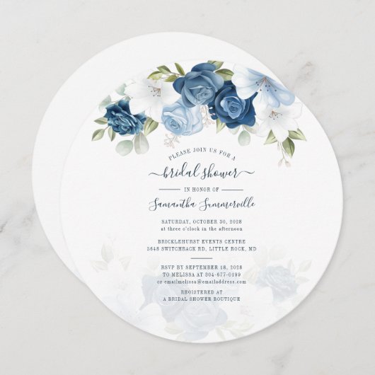 フローラほこりっぽい青い花水彩ブライダルシャワー 招待状 (正面/裏面)