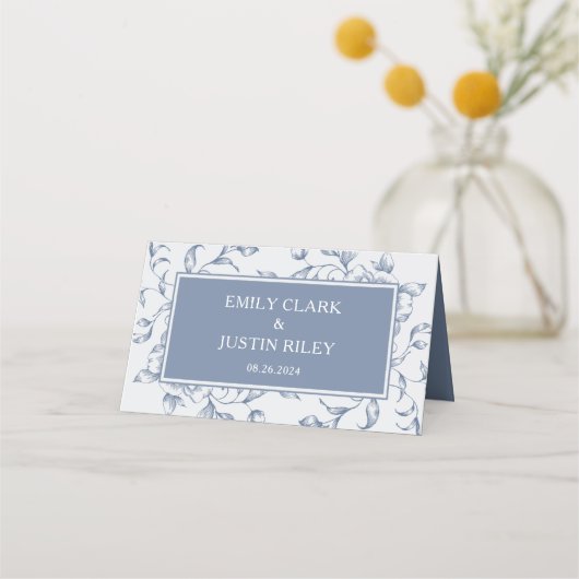 フローラほこりっぽい青エレガントなウェディングフォールディング プレイスカード (裏面)