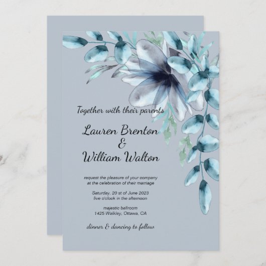 フローラほこりっぽい青結婚灰色の水色 招待状 (正面/裏面)
