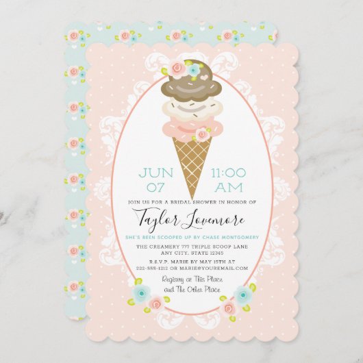 フローラアイスクリームをテーマにしたブライダルシャワー 招待状 (正面/裏面)