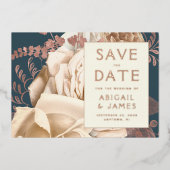 フローラアイボリーバラ金ゴールドティール（緑がかった色）結婚式日付の保存 箔招待状 (正面)