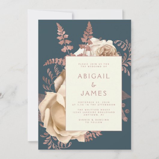 フローラアイボリーバラ金ゴールドティール(緑がかった色)QRコー結婚ド 招待状 (正面)