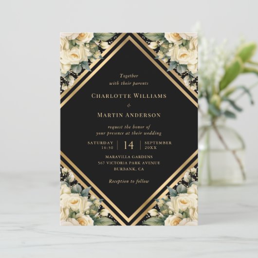 フローラアイボリーブラック金ゴールド紙吹雪ジオメト結婚リ 招待状 (スタンド正面)