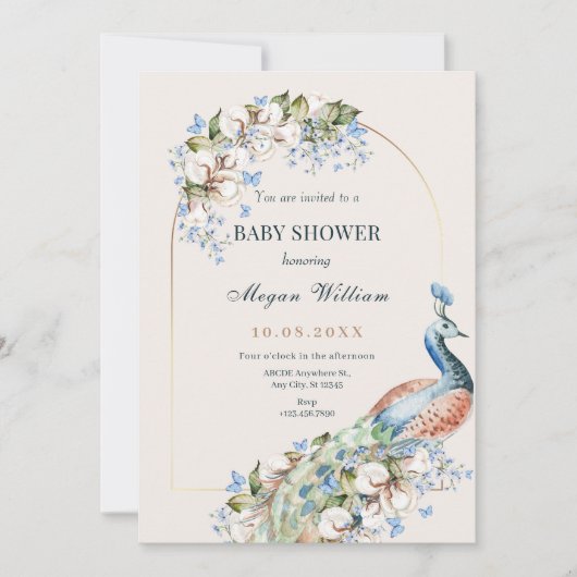 フローラアオクジャクバードベイバードシャワー 招待状 (正面)