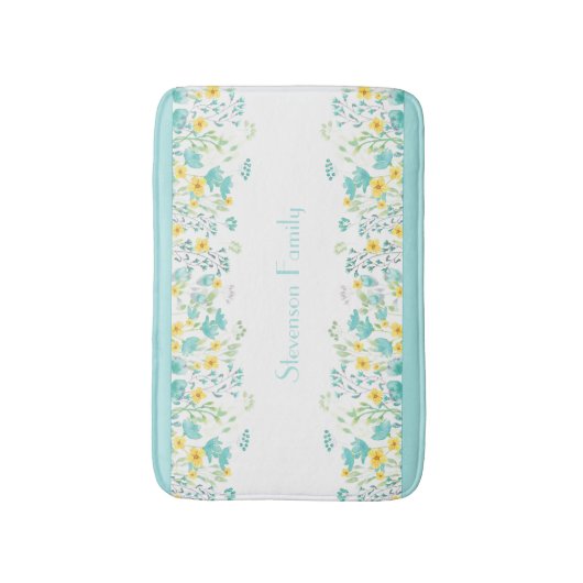 フローラアクアブルーイエローワイルドフラワーズファミリー名 バスマット (正面縦)