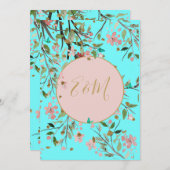 フローラアクアブルーエレガント金ゴールドチノイスリー結婚ズ 招待状 (正面/裏面)