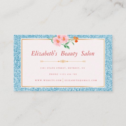 フローラアクアブルーグリッターメイクアップアーティスト美しい 名刺 (裏面)