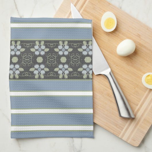 フローラアクセント付きデザイン(青) キッチンタオル (四つ折り)