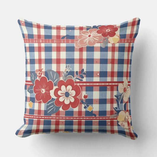 フローラアクセント付き愛国的なギンガム | ユニバーシティレッドホワイト クッション (正面)