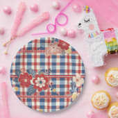 フローラアクセント付き愛国的なギンガム | ユニバーシティレッドホワイト ペーパープレート (パーティー)