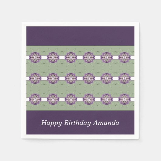 フローラアクセント付き紫と緑 スタンダードカクテルナプキン (正面)
