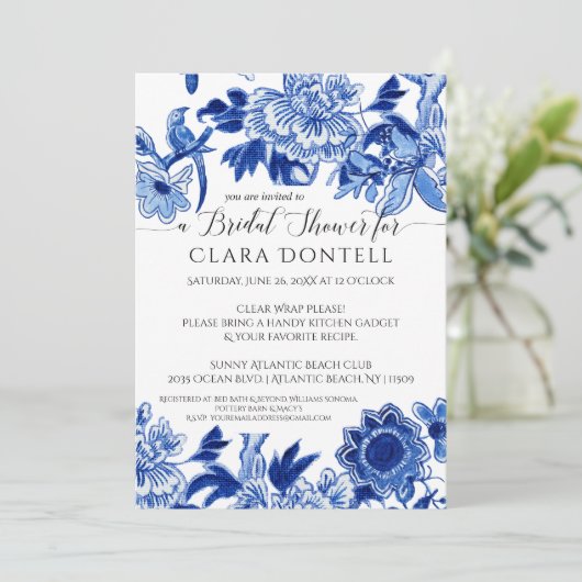 フローラアジアンインフルエンスブルーホワイトブライダルシャワー 招待状 (スタンド正面)