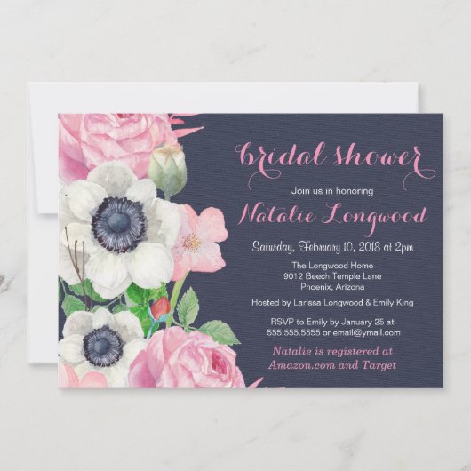 フローラアネモンウォーターカラーベビーまたはブライダルシャワー 招待状 (正面)