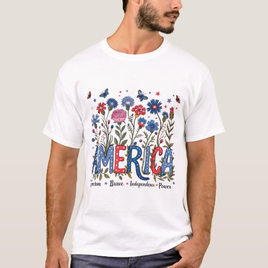 フローラアメリカ7月4日愛国的タイポグラフィ Tシャツ (正面)