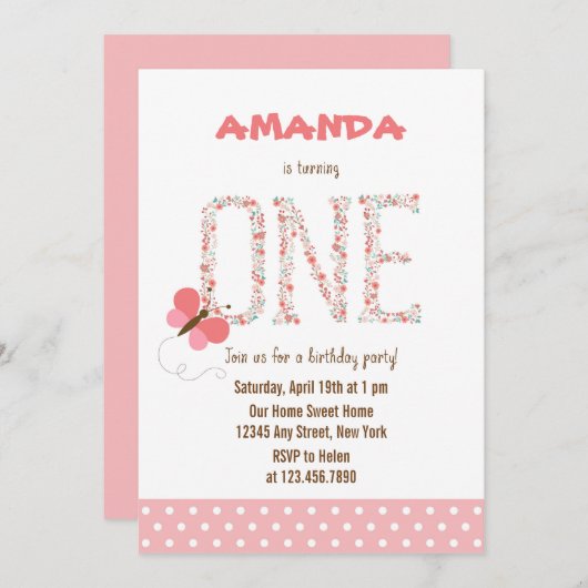 フローラアルファベットガールファースト誕生日招待状 招待状 (正面/裏面)