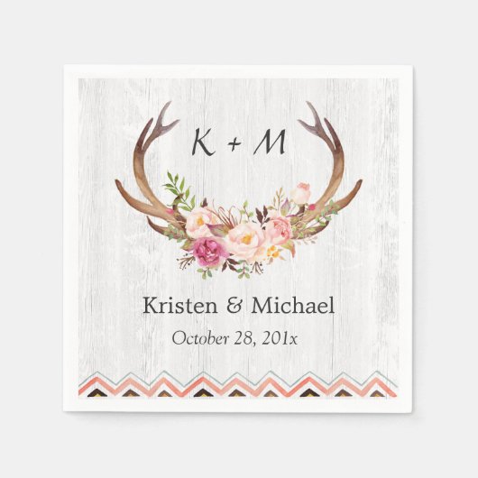 フローラアントラーボーホデコ素朴ールホワイトウッド結婚ズ スタンダードカクテルナプキン (正面)