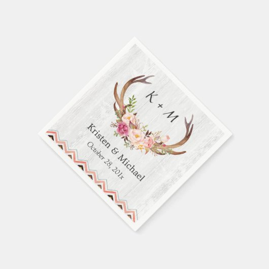 フローラアントラーボーホデコ素朴ールホワイトウッド結婚ズ スタンダードカクテルナプキン (角)