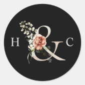 フローラアンパサンドエレガントなウェディングモノグラムブラック ラウンドシール (正面)