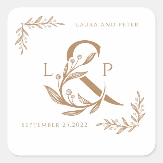フローラアンパサンド付きエレガントな結婚式のモノグラム スクエアシール (正面)