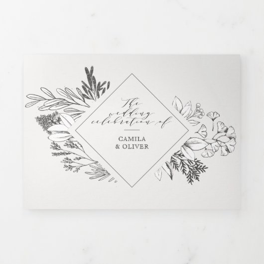 フローラアンパサンド白黒オールインワン結婚ズ 三つ折り招待状 (カバー)