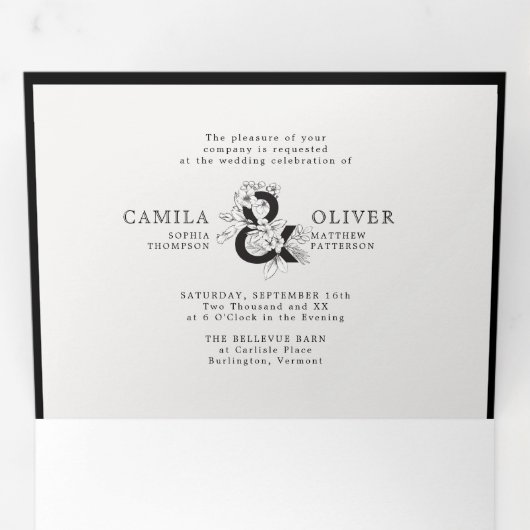 フローラアンパサンド白黒オールインワン結婚ズ 三つ折り招待状 (内部最初)