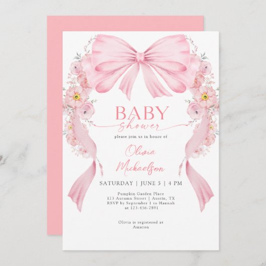 フローラアーチガールリボン弓コケットベビーシャワー 招待状 (正面/裏面)