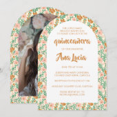 フローラアーチフラワーパターンCUSTOMPhoto Quinceanera 招待状 (正面/裏面)