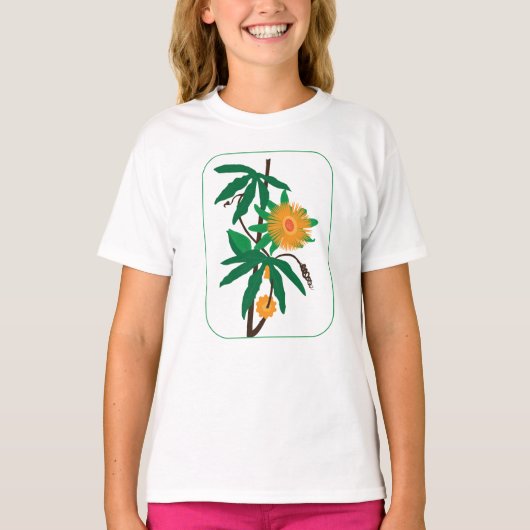 フローラアートとオレンジ色の花 Tシャツ (正面)
