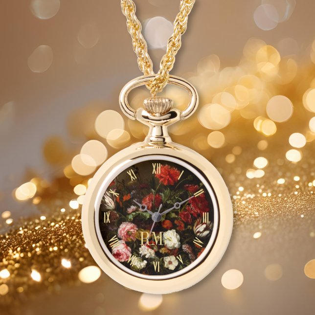 フローラアートエレガントモノグラムウィメンズネックレスウォッチ 腕時計 (Floral Art Elegant Monogram Womens Necklace Watch)