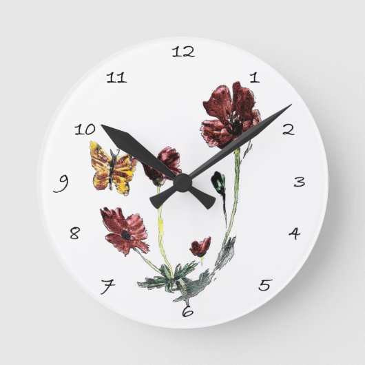 フローラアートバタフライポピーの花 ラウンド壁時計 (正面)