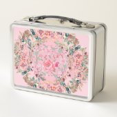 フローラアート、ピンクの花、ピンクのフローラリース メタルランチボックス (裏面)