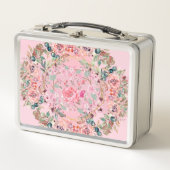 フローラアート、ピンクの花、ピンクのフローラリース メタルランチボックス (正面)