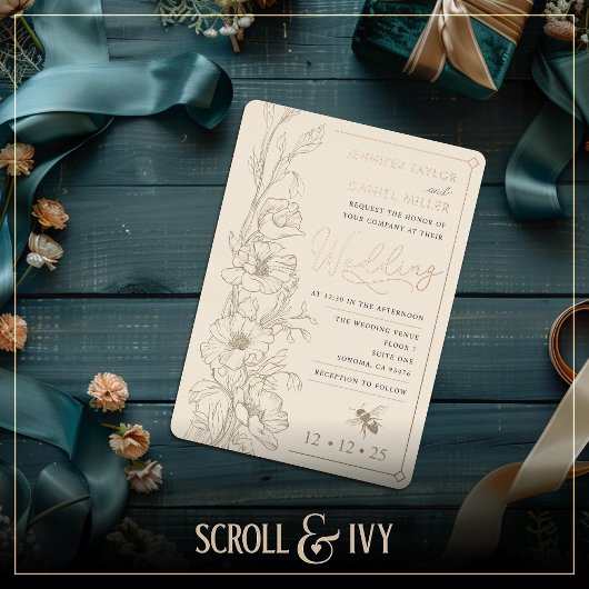 フローラアールデコ素朴コーンフラワーウェディング招待 箔招待状